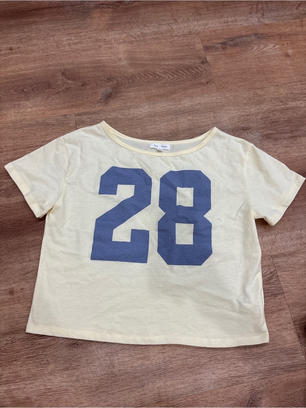 She + Sky Light Yellow Crop Tee with Navy '28' Graphic